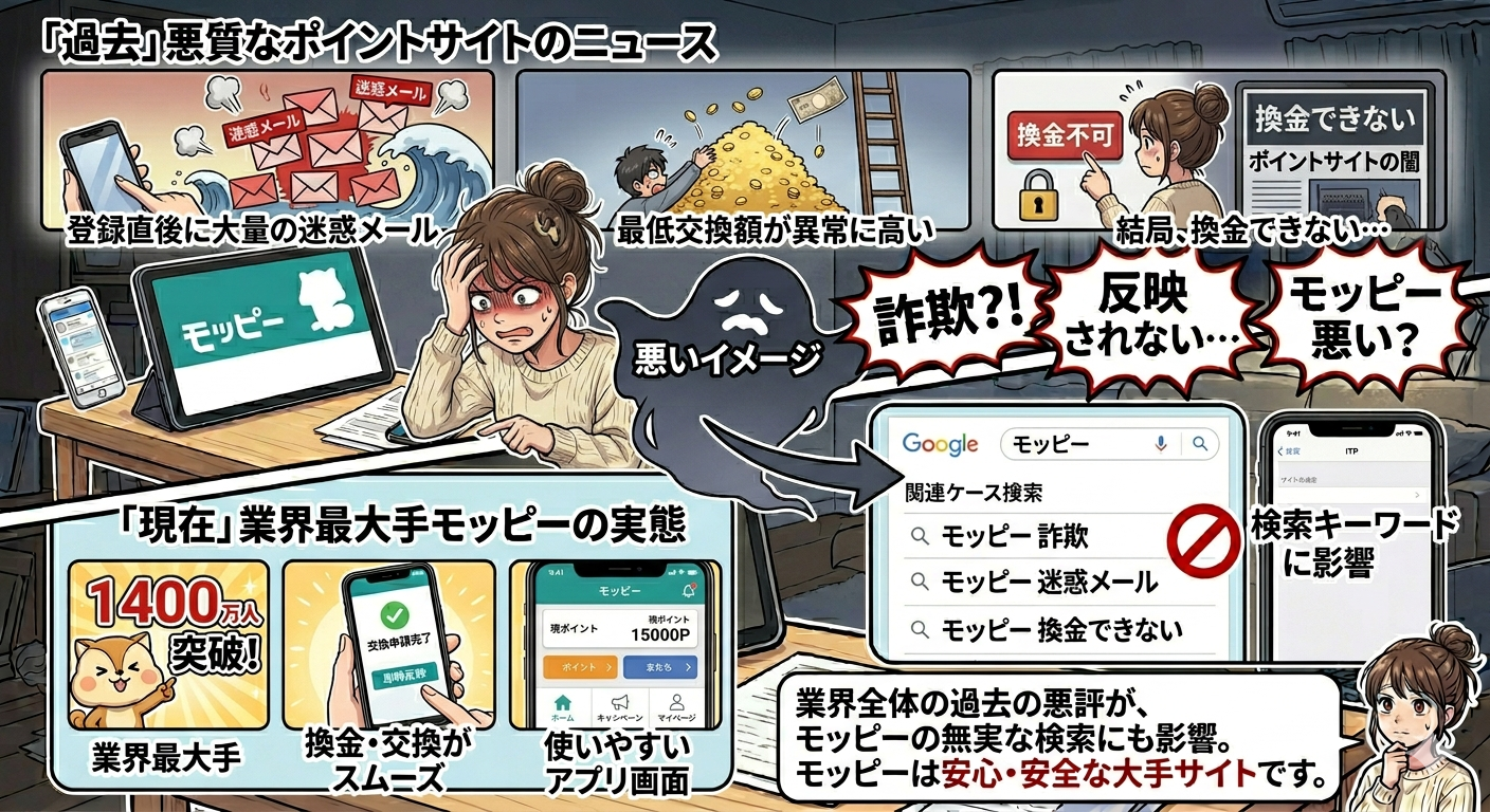 ほかの悪徳なポイントサイトの影響をモッピーが受けてしまっている