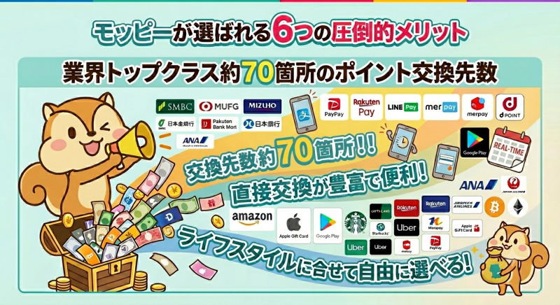 モッピーが選ばれるメリット 約70箇所の交換先！